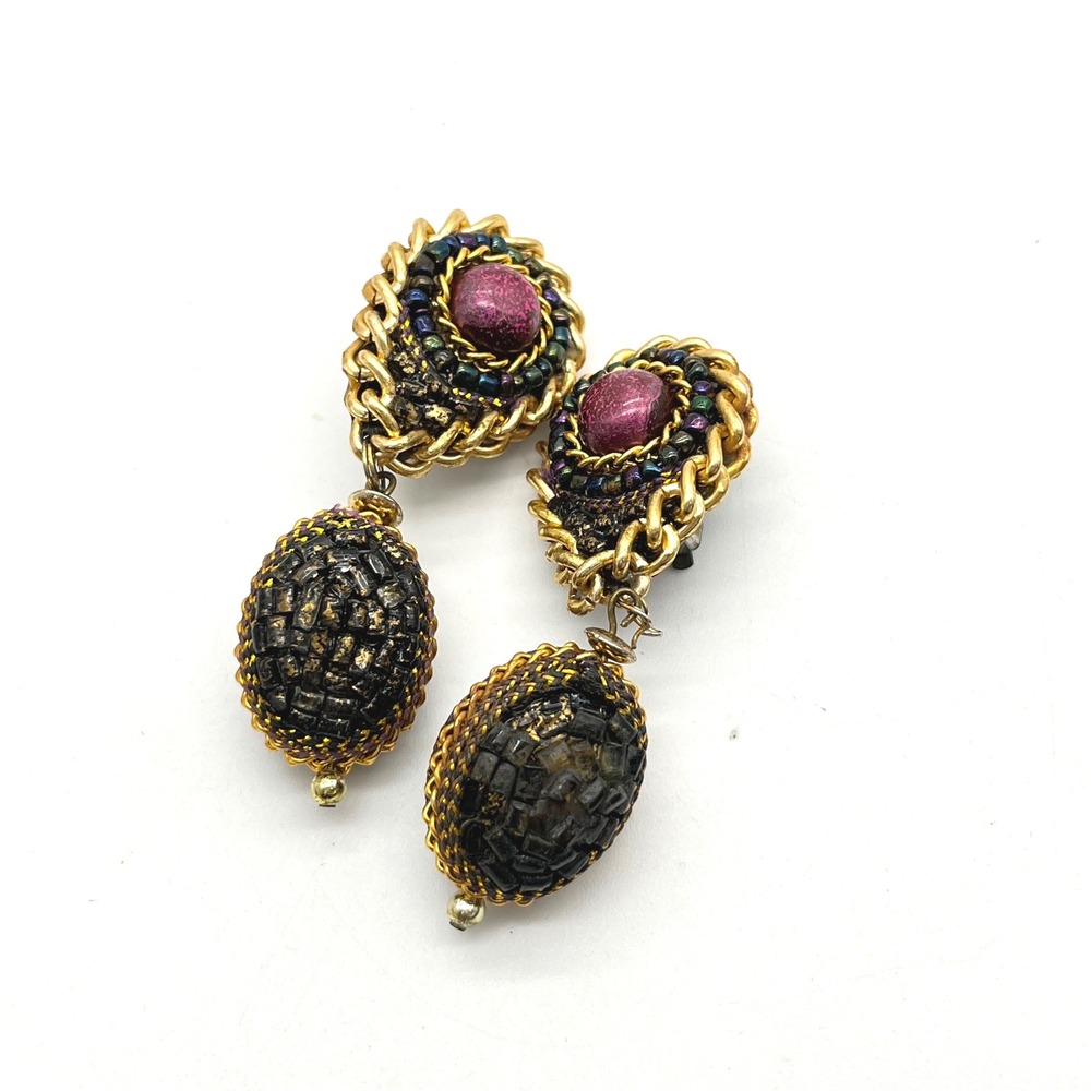 Vintage Gold Tone Purple Beaded Clip On Drop Statement Earrings Ornate